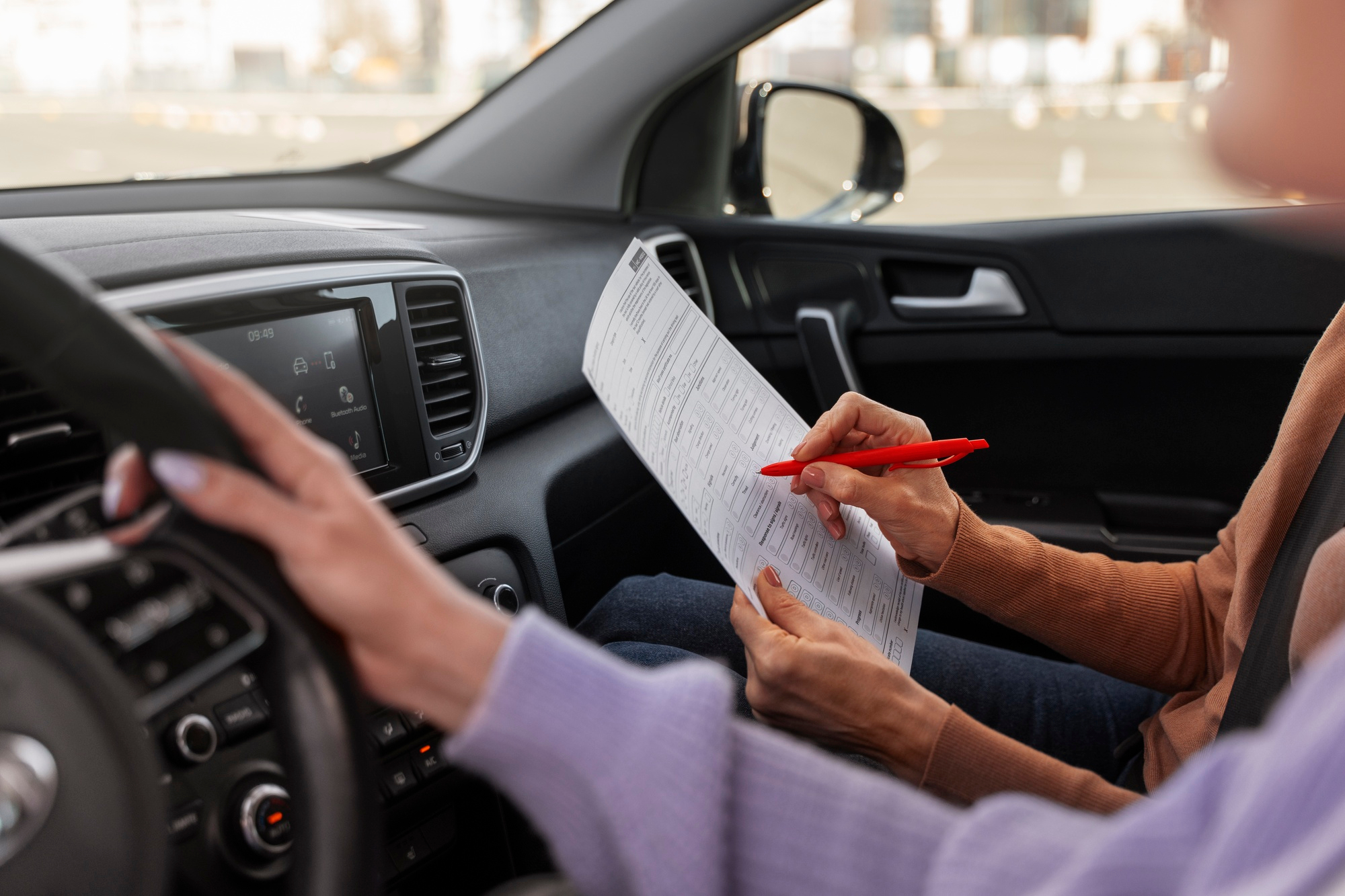 Driving instructor and student inside a car